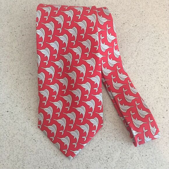 Retro swordfish design pure silk neck tie red gray - Picture 1 of 6
